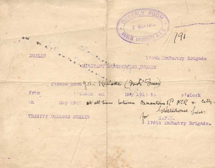 1916 (3 May) Military Pass for an Irish Times employee at Whyte's Auctions