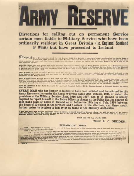 1918 (10 July) Army Reserves poster calling on men liable to Military Service living in Ireland at Whyte's Auctions