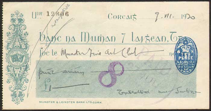1920 (9 July) Terence MacSwiney signed cheque at Whyte's Auctions