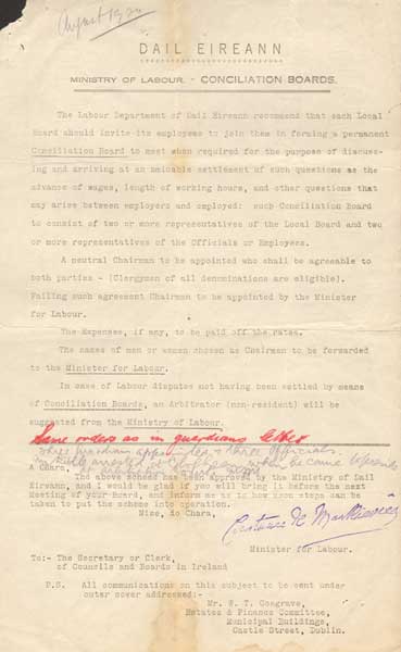 1902 (August) Dil ireann Ministry of Labour document from Constance Markievicz at Whyte's Auctions