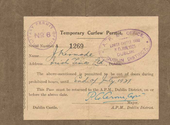 1921 (30 June) Temporary Curfew Permit to an Irish Times employee at Whyte's Auctions