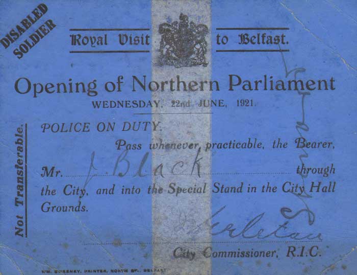 1921 (22 June) Opening of Northern Ireland Parliament Official Programme and Pass at Whyte's Auctions