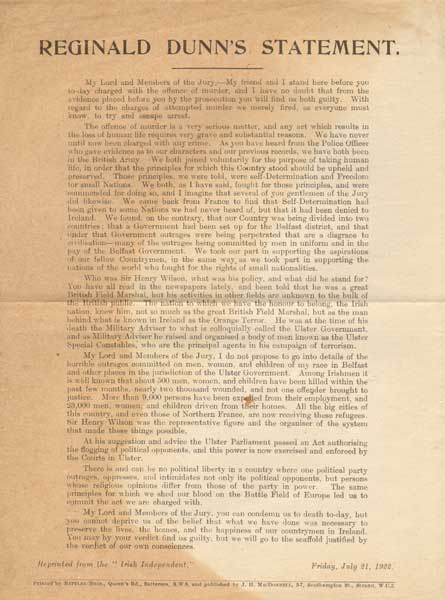 1922 (22 June) Assasination of Sir Henry Wilson - Reginald Dunn's Statement at Whyte's Auctions