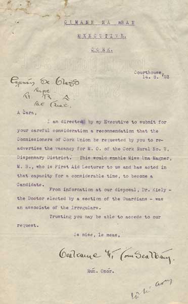 1923 (14 August) Cuman na mBan Executive Cork Letter to Ernest Blythe at Whyte's Auctions