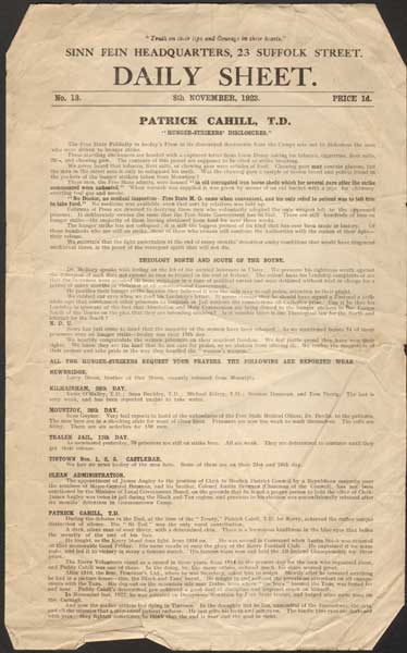 1923 (8 November) Sinn Fin HQ Daily Sheet and 1916 Mount Street Battle account at Whyte's Auctions