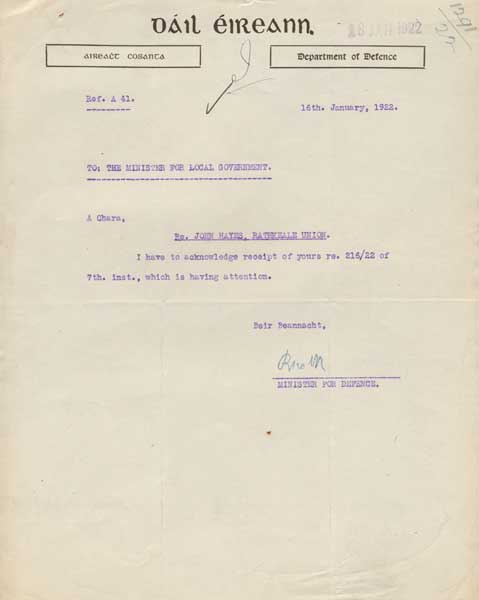 1922-29. Dil ireann Provisional and Free State Government letters signed by Ministers - Cosgrave, Brennan, Burke, Mulcahy, Blythe and Meagher at Whyte's Auctions