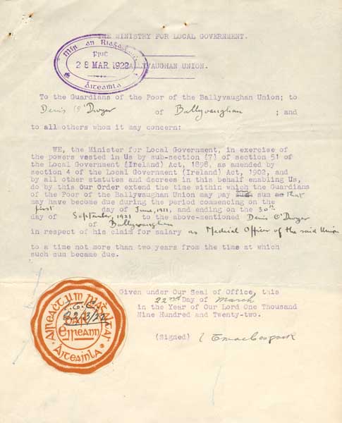 1922 (March 8 and 28) letter and Ministerial Order signed by WT Cosgrave, Minister for Local Government, later President of the Irish Free State at Whyte's Auctions