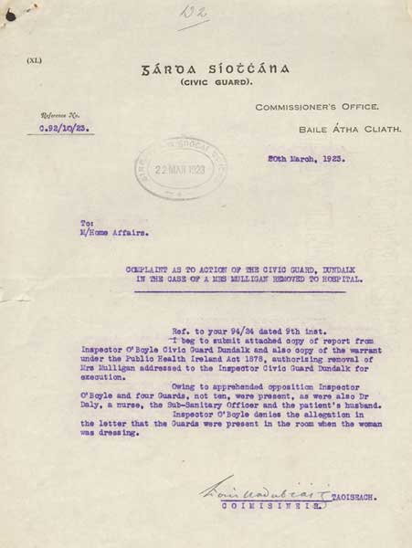 1923 (20 March) Letter from Eoin O'Duffy, Garda Siochana Commissioner, later leader of the "Blueshirt" Irish Fascist movement at Whyte's Auctions