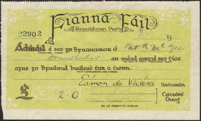 1928 (11 May) Fianna Fail Republican Party receipt at Whyte's Auctions