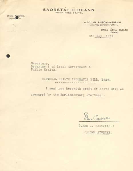 1929 (8 May) Letter signed by John A. Costello, Attourney General of the Irish Free State, and later Taoiseach at Whyte's Auctions