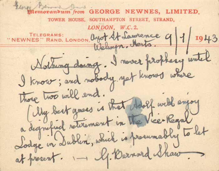 1943 (9 January) George Bernard Shaw handwritten card to the Editor, Strand Magazine at Whyte's Auctions