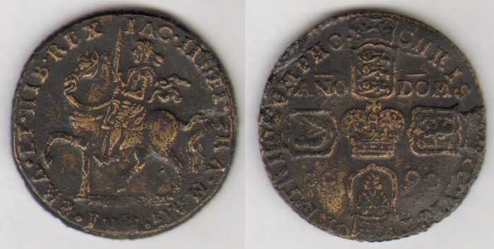 James II. Gunmoney. Crown.(overstruck on large Halfcrowns). 1690 at Whyte's Auctions