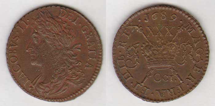 James II. Gunmoney. Large Halfcrowns. (2). 1689 Oct.,, Mar:. at Whyte's Auctions