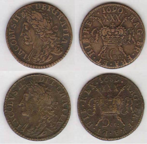 James II. Gunmoney. Large Halfcrowns.(4). 1689 Sepr:, Oct:, Nov:, Dec: at Whyte's Auctions