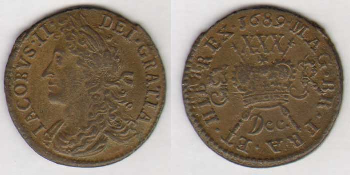 James II. Gunmoney. Large Halfcrowns.(5). 1689 Oct, Dec., Jan., 1690 Mar:, Apr: at Whyte's Auctions