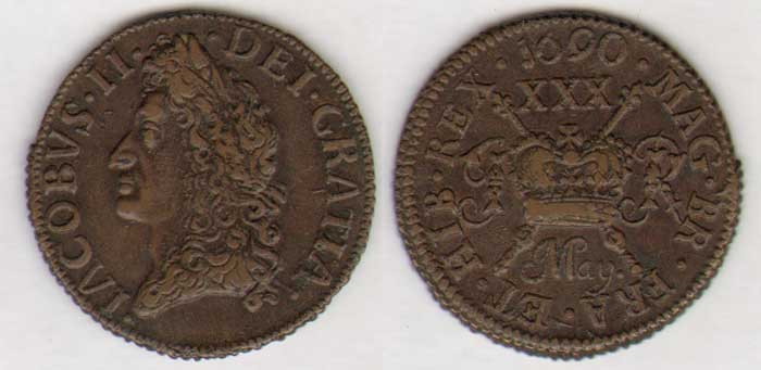 James II. Gunmoney. Small Halfcrown. (2). 1690 May, May., Jul. at Whyte's Auctions