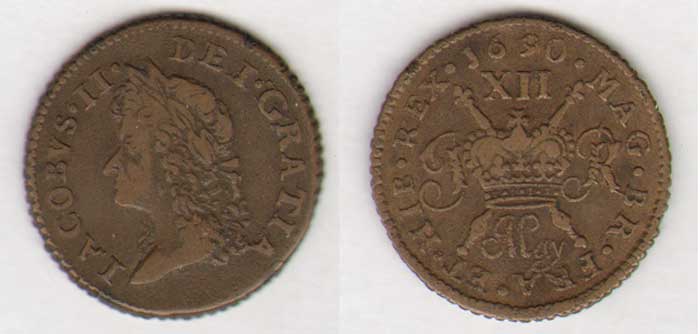 Ireland 1690 James II Gunmoney, small shilling  about fine to about very fine(5) at Whyte's Auctions