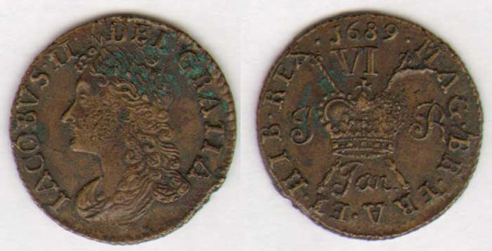 James II. Gunmoney. Sixpence (3). 1689 Jan, Feb(2) at Whyte's Auctions