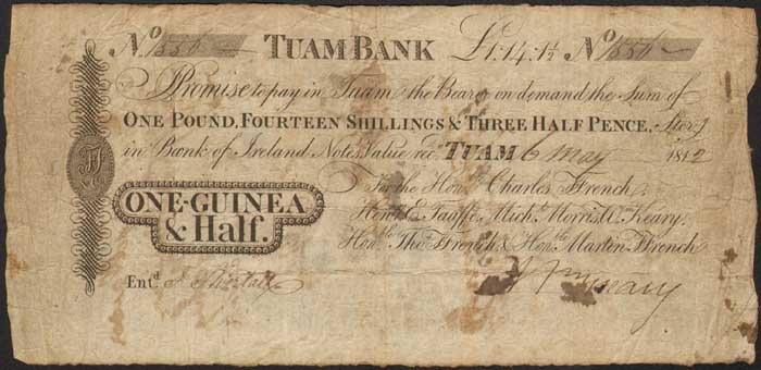 Tuam Bank One Pound, Fourteen Shillings and Three Half Pence - One Guinea and Half - 6 May 1812 at Whyte's Auctions