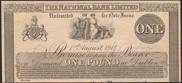 The National Bank Limited, General Issue, One Pound, 1August 1914. Proof at Whyte's Auctions