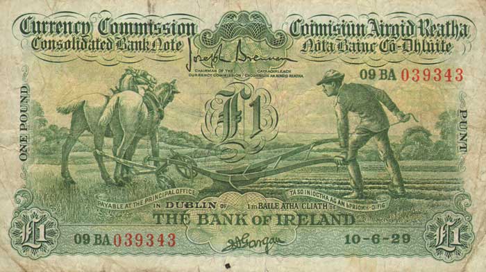 Currency Commission. Consolidated Bank Note, Ploughman, Bank of Ireland One Pound. 10-6-29 at Whyte's Auctions