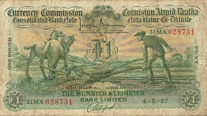 Currency Commission. Consolidated Bank Note, Ploughman, Munster & Leinster Bank One Pound. 4-5-37 at Whyte's Auctions