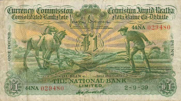 Currency Commission. Consolidated Bank Note, Ploughman, National Bank One Pound. 2-9-39 at Whyte's Auctions