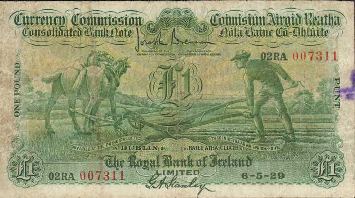 Currency Commission. Consolidated Bank Note, Ploughman, Royal Bank of Ireland. One Pound. 6-5-29 at Whyte's Auctions