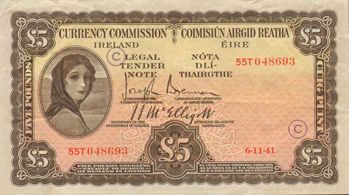 Ireland-6-11-41 (C) Currency Commission Lady Lavery War Five Pounds at Whyte's Auctions