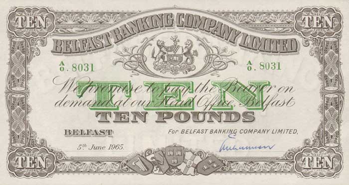 Northern Ireland. Belfast Banking Company.  10  5-June-1965 EF, 1 5-Dec-1925 G-VG, 1 10-Aug-1940 VG.. at Whyte's Auctions