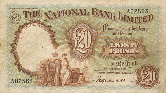 Northern Ireland. The National Bank. Belfast Twenty Pounds.. 2-Oct-1939 at Whyte's Auctions