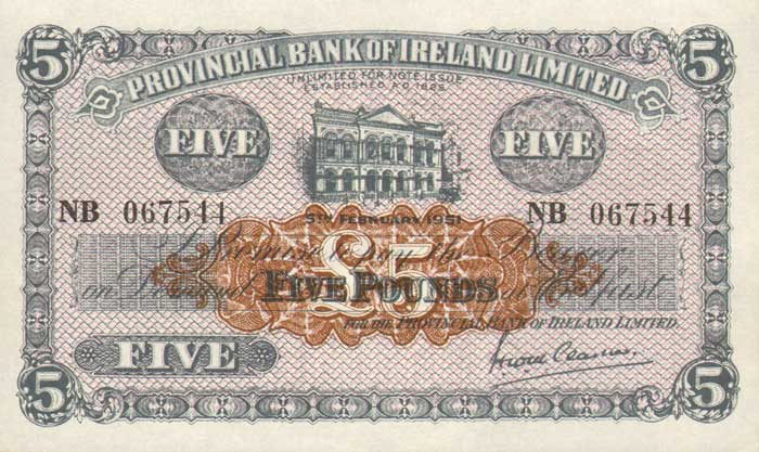 Northern Ireland. Provincial Bank of Ireland.  5  5-Feb-1951, 6-Dec-1965, 1 1-Jan-1969, 1-Jan-1977. at Whyte's Auctions