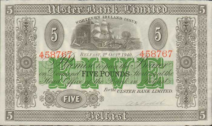 Northern Ireland. Ulster Bank.  5  1-Oct-1940, 1 1-Sept-1939, 1 1976 (2). at Whyte's Auctions