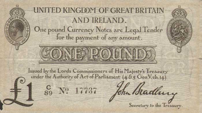 Great Britain. Bank of England. Second Bradbury Issue. One Pound. 1914 at Whyte's Auctions