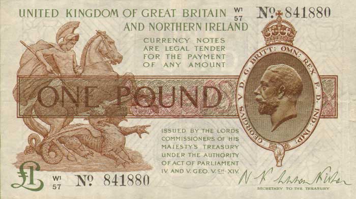 Great Britain. Bank of England.  One Pound. 1920's at Whyte's Auctions