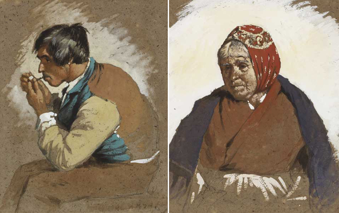 A YOUNG MAN LIGHTING HIS PIPE and AN OLD WOMAN WITH A RED SCARF (A PAIR) by Erskine Nicol ARA RSA (1825-1904) at Whyte's Auctions