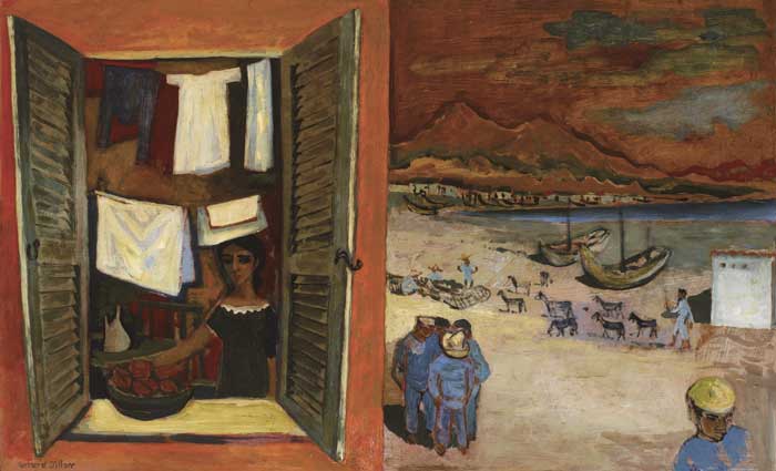 GIRL AT A WINDOW WITH FISHERMEN AND GOATS ALONG THE SHORE by Gerard Dillon (1916-1971) (1916-1971) at Whyte's Auctions