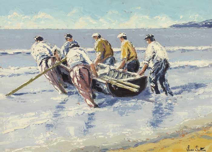 LAUNCHING THE CURRAGH, ARAN MOR, ARAN ISLANDS, COUNTY GALWAY by Ivan Sutton (b.1944) at Whyte's Auctions