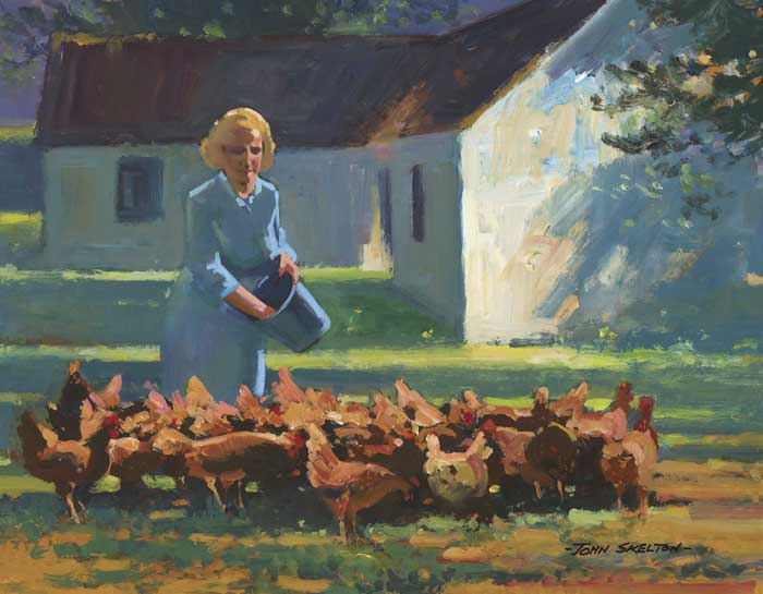 FEEDING THE HENS, DONEGAL HOMESTEAD, 1990 by John Skelton (1923-2009) (1923-2009) at Whyte's Auctions
