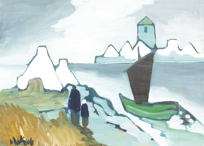 GREEN SAILBOAT IN HARBOUR WITH TOWER BEYOND by Markey Robinson (1918-1999) (1918-1999) at Whyte's Auctions