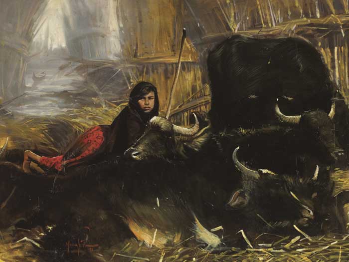 GIRL IN STABLE WITH CATTLE, 1986 at Whyte's Auctions