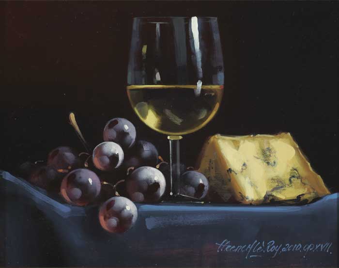 STILL LIFE WITH CHEESE, WINE AND GRAPES, 2010 by David Ffrench le Roy sold for �800 at Whyte's Auctions