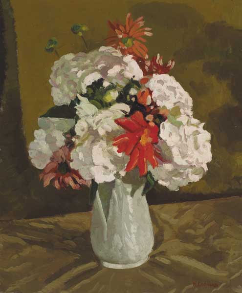 FLOWERS IN A VASE (HYDRANGEA AND DAHLIAS), c.1949 by Patrick Leonard HRHA (1918-2005) HRHA (1918-2005) at Whyte's Auctions