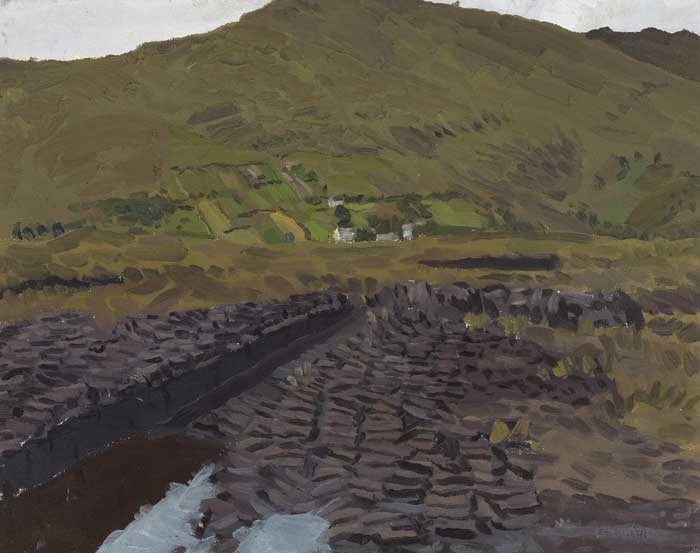 CUT TURF WITH COTTAGES, CONNEMARA by Micheál de Burca sold for €1,100 at Whyte's Auctions