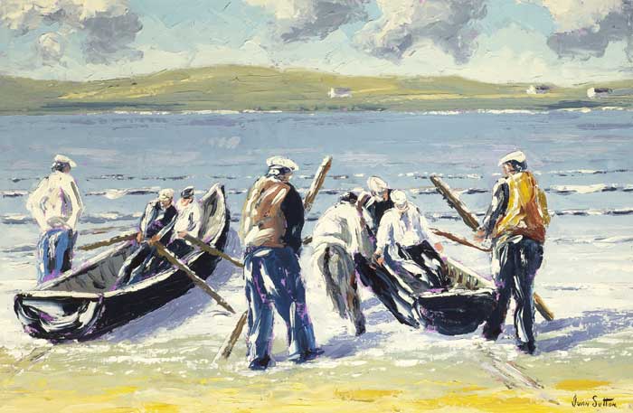LAUNCHING CURRACHS, ARAN MOR, ARAN ISLANDS, COUNTY GALWAY by Ivan Sutton (b.1944) at Whyte's Auctions