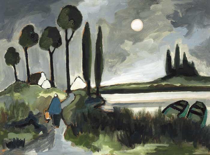 SHAWLIE BY A LAKE WITH COTTAGES BEYOND by Markey Robinson (1918-1999) (1918-1999) at Whyte's Auctions