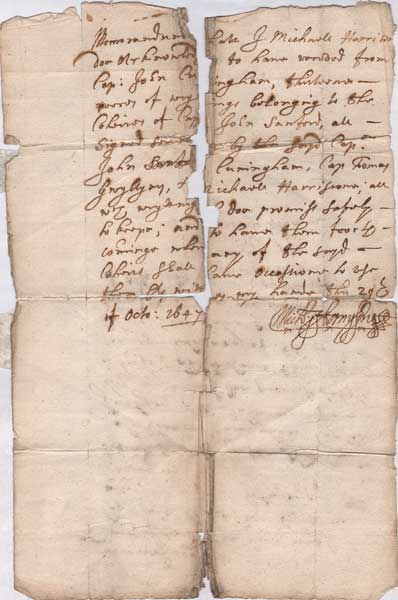1647 (14 October) letter concerning accounts of Captains John Cunningham, John Sanford, Richard Harrison, etc. at Whyte's Auctions