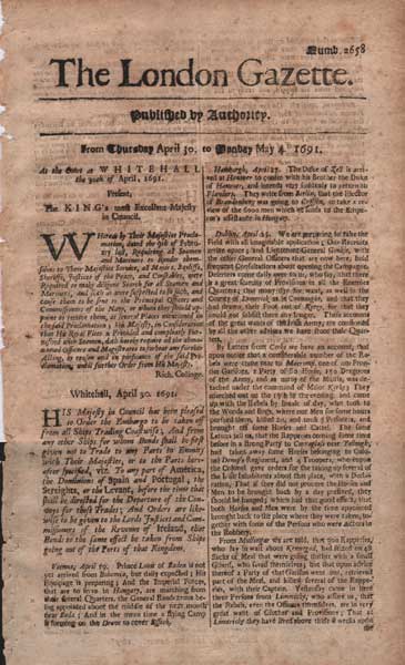 1691: London Gazette two issues relating to the Williamite Wars at Whyte's Auctions