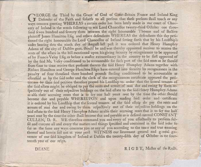 1773. A printed George III order by Lord Chancellor Deane and Lord Rigby, Master of the Rolls concerning Thomas Earl of Bective, and James Hamilton at Whyte's Auctions