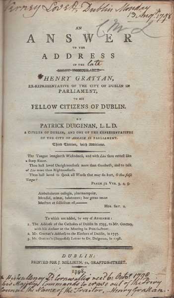 1798 (13 August) Duigenan's Answer to Grattan's Speech - Vernon Lovett's annotated copy at Whyte's Auctions